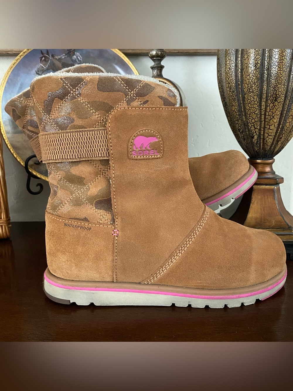 SOREL Rylee Camo Camouflage Boot Brown Pink Suede Sherpa sz 7 Outdoor